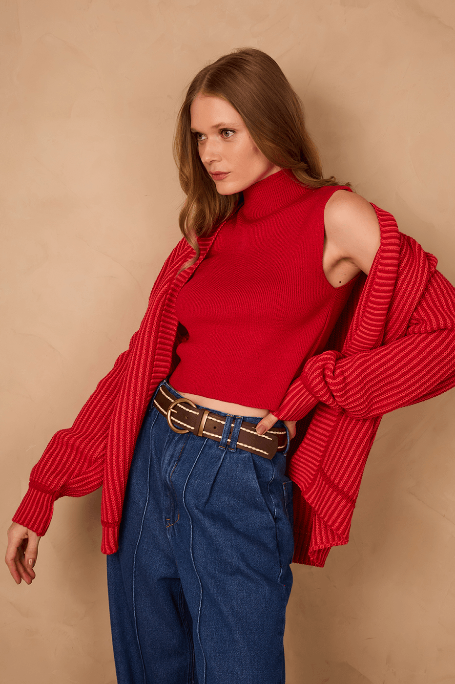 Wine Bossa High Neck Ribbed Tricot Blouse