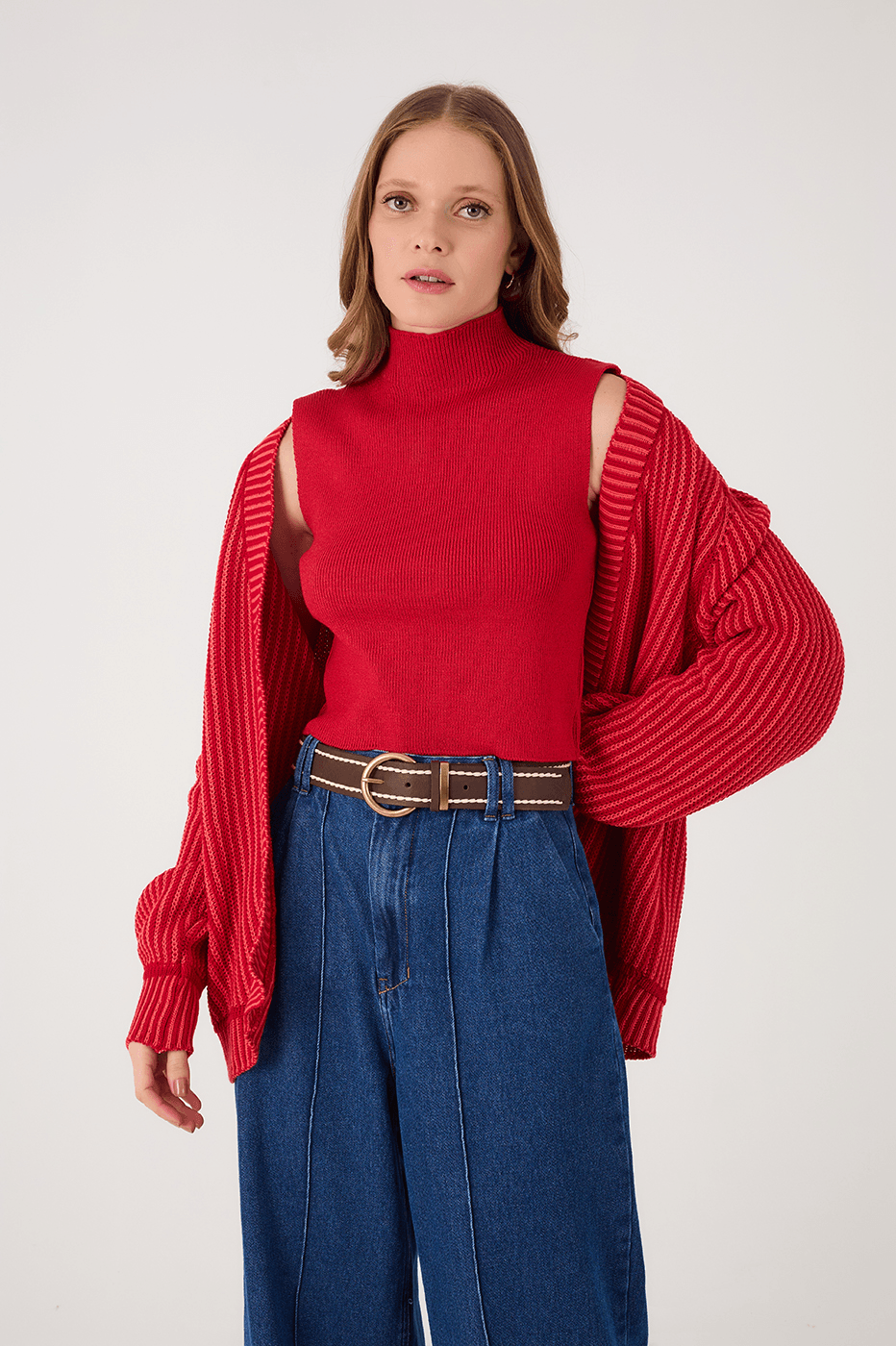 Wine Bossa High Neck Ribbed Tricot Blouse