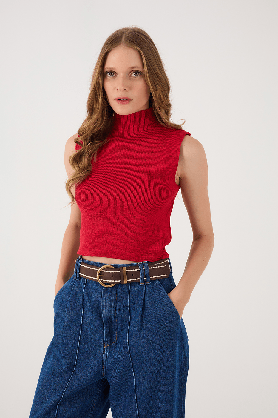 Wine Bossa High Neck Ribbed Tricot Blouse