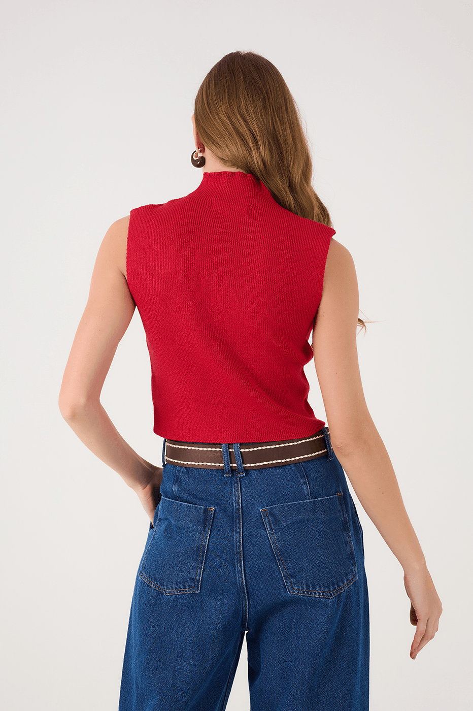 Wine Bossa High Neck Ribbed Tricot Blouse