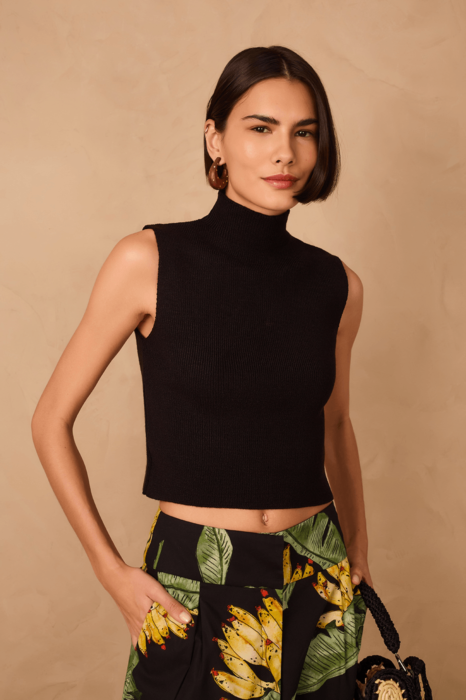 Black High Neck Ribbed Tricot Blouse