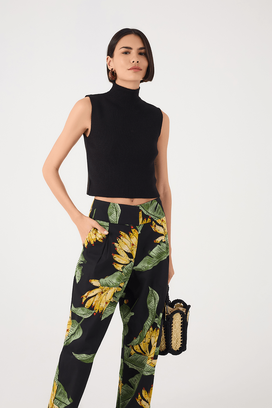Black High Neck Ribbed Tricot Blouse