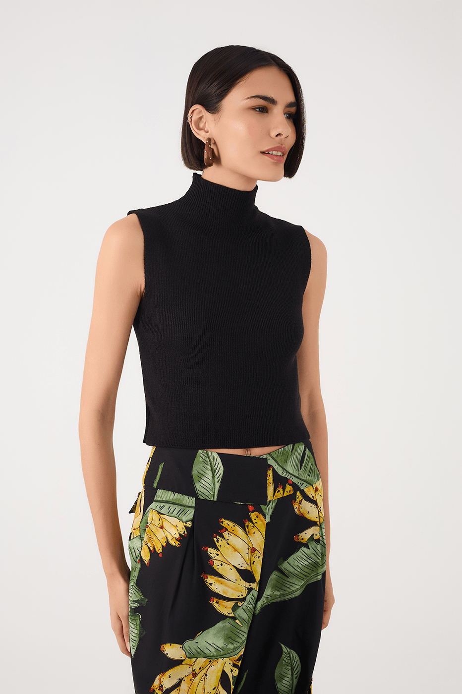 Black High Neck Ribbed Tricot Blouse