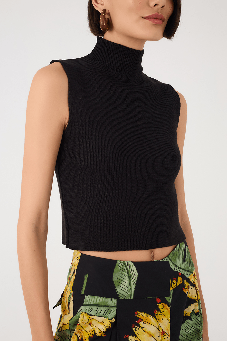 Black High Neck Ribbed Tricot Blouse