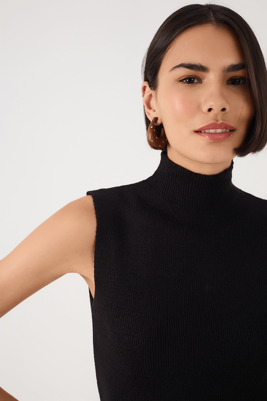 Black High Neck Ribbed Tricot Blouse