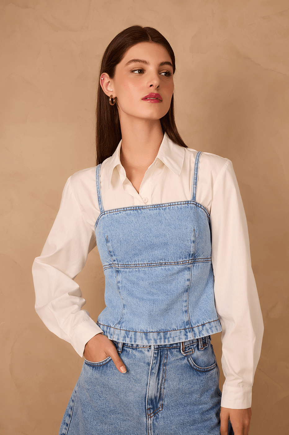 Denim Square Neck Sleeveless Back Buttons Crop Top