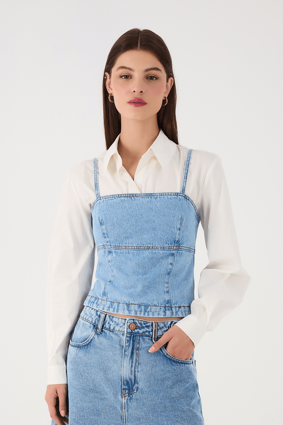 Denim Square Neck Sleeveless Back Buttons Crop Top