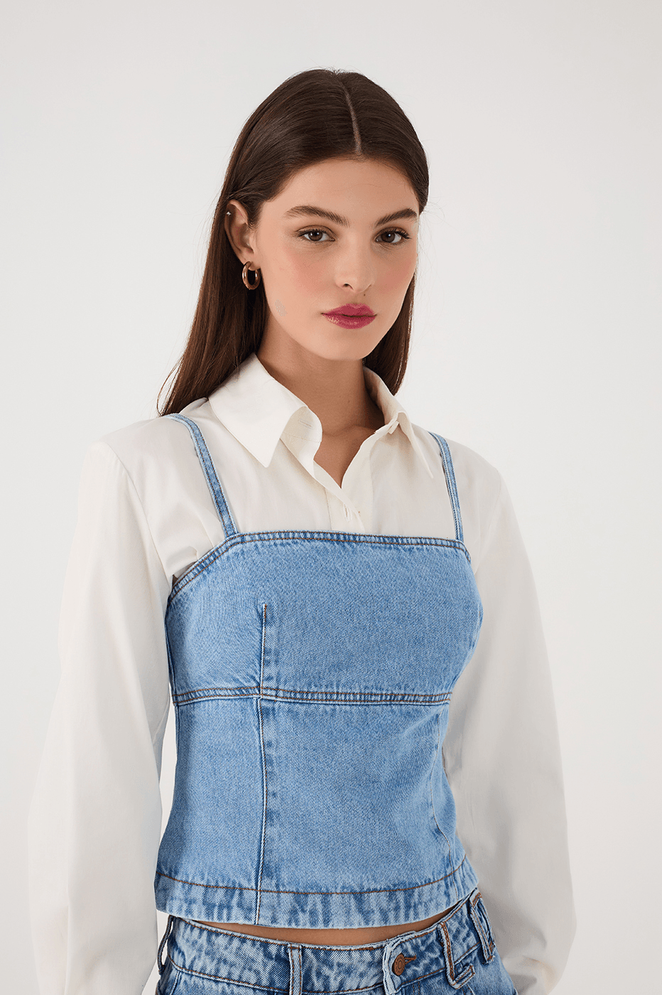 Denim Square Neck Sleeveless Back Buttons Crop Top