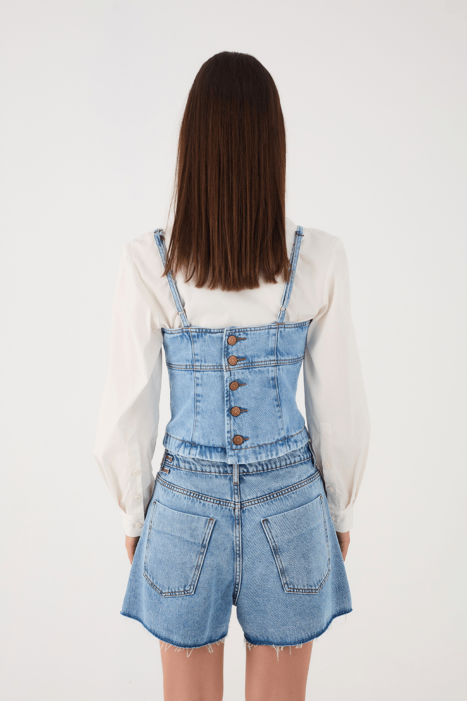 Denim Square Neck Sleeveless Back Buttons Crop Top