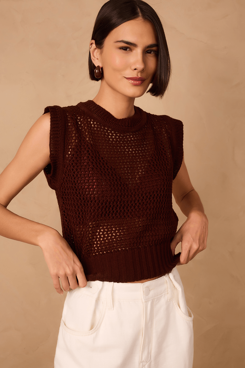 Brown Caffeine Crew Neck Sleeveless Pullover Tricot Blouse