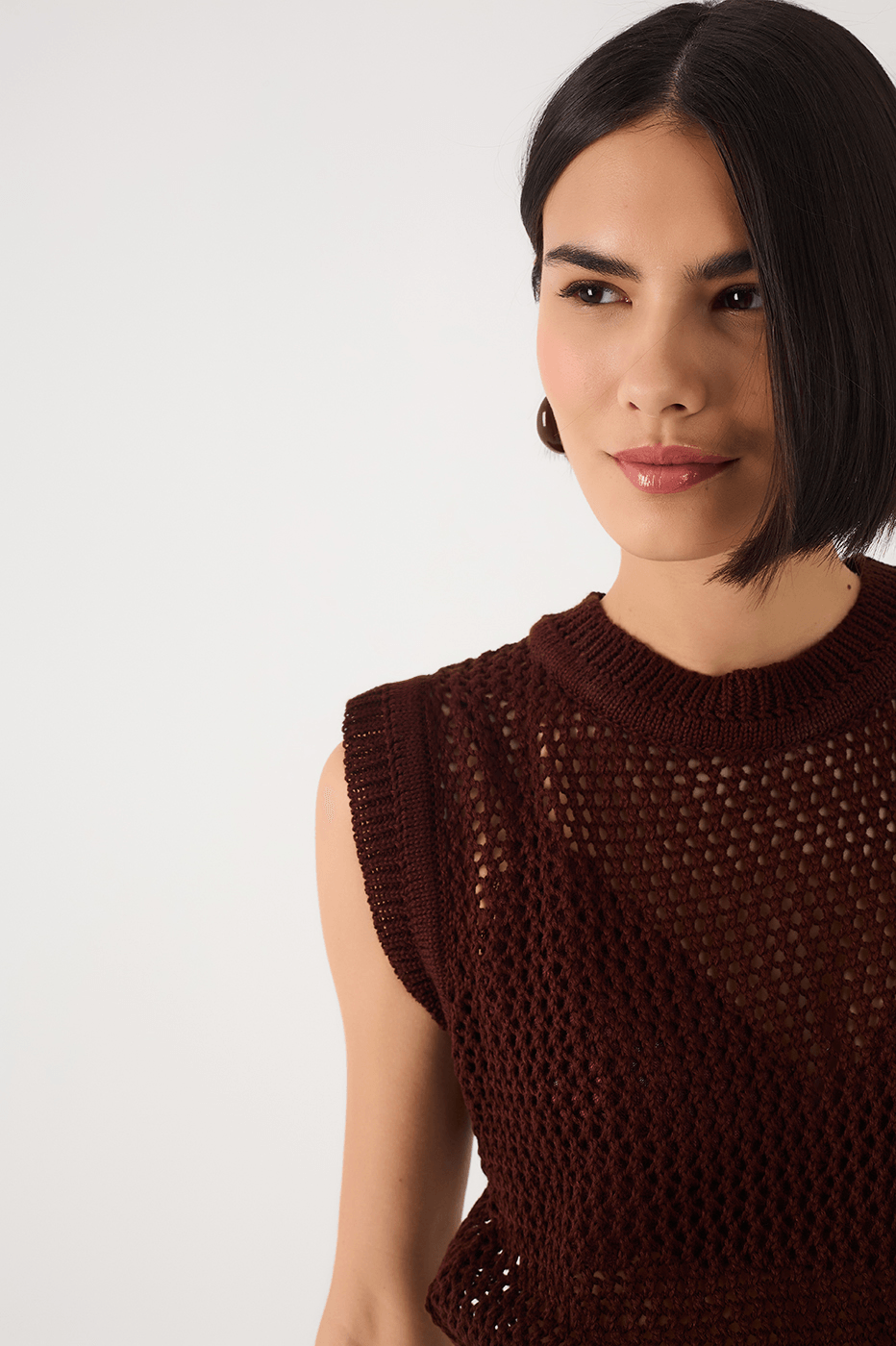 Brown Caffeine Crew Neck Sleeveless Pullover Tricot Blouse