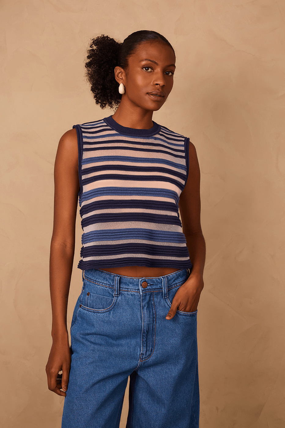 Blue Stripes Joa Ribbing Sleeveless Tricot Blouse