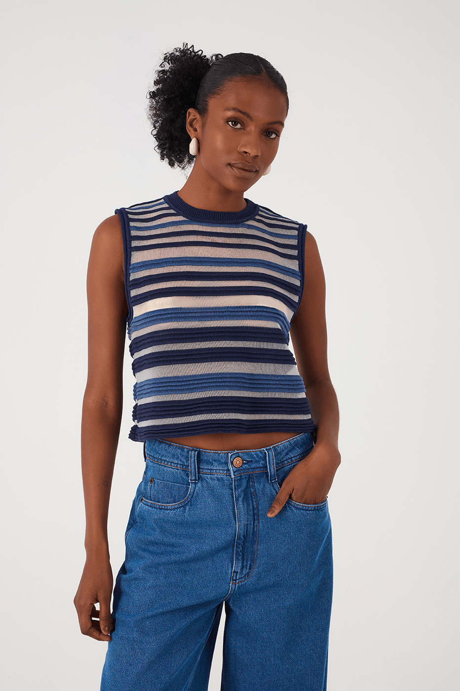 Blue Stripes Joa Ribbing Sleeveless Tricot Blouse