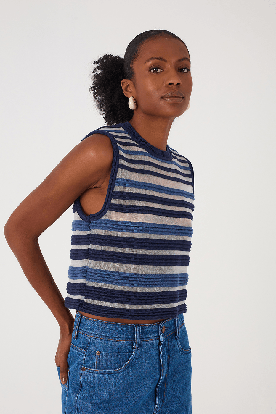Blue Stripes Joa Ribbing Sleeveless Tricot Blouse