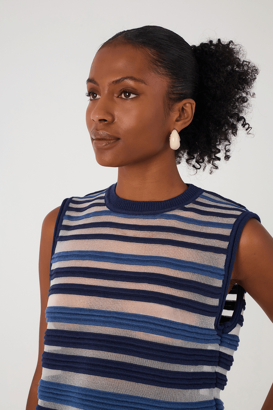 Blue Stripes Joa Ribbing Sleeveless Tricot Blouse