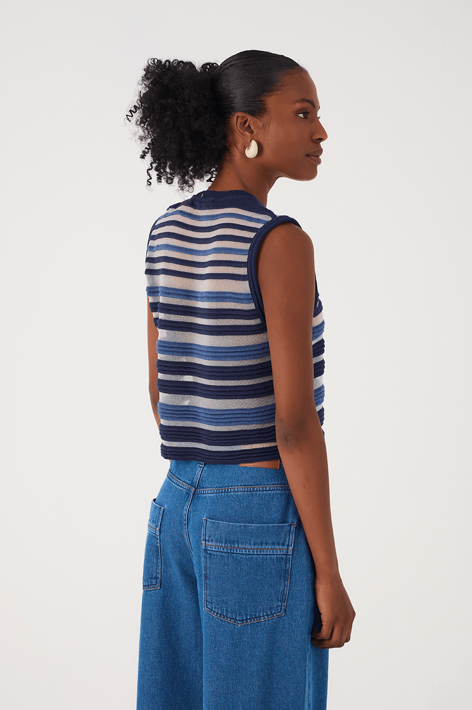 Blue Stripes Joa Ribbing Sleeveless Tricot Blouse