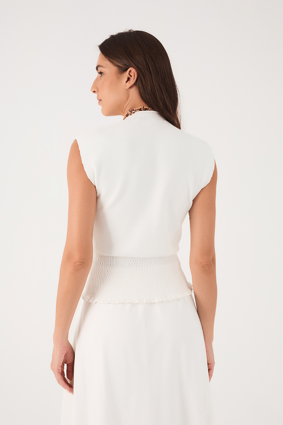 Off-White Smocked High Neck Sleeveless Tricot Blouse