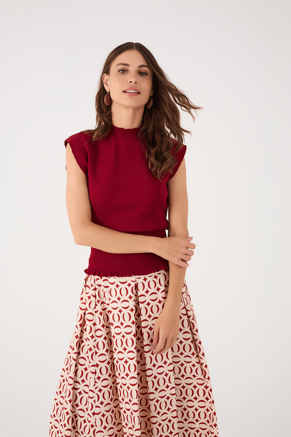Red Encanto Smocked High Neck Sleeveless Tricot Blouse