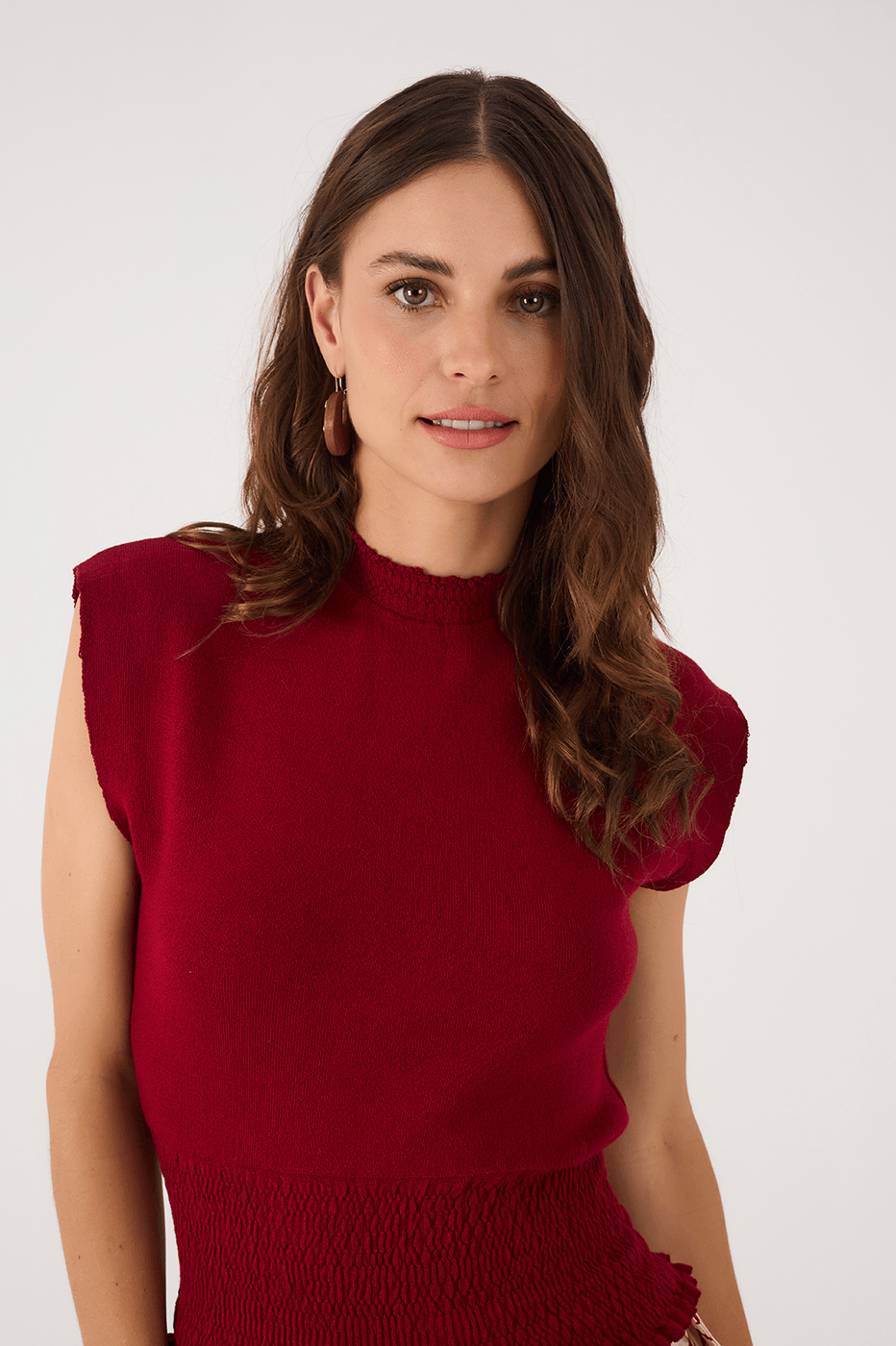 Red Encanto Smocked High Neck Sleeveless Tricot Blouse