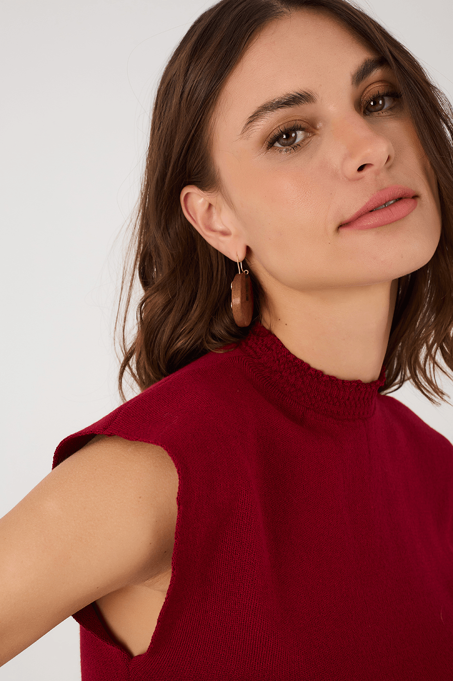 Red Encanto Smocked High Neck Sleeveless Tricot Blouse