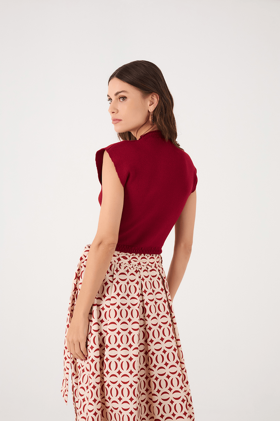 Red Encanto Smocked High Neck Sleeveless Tricot Blouse