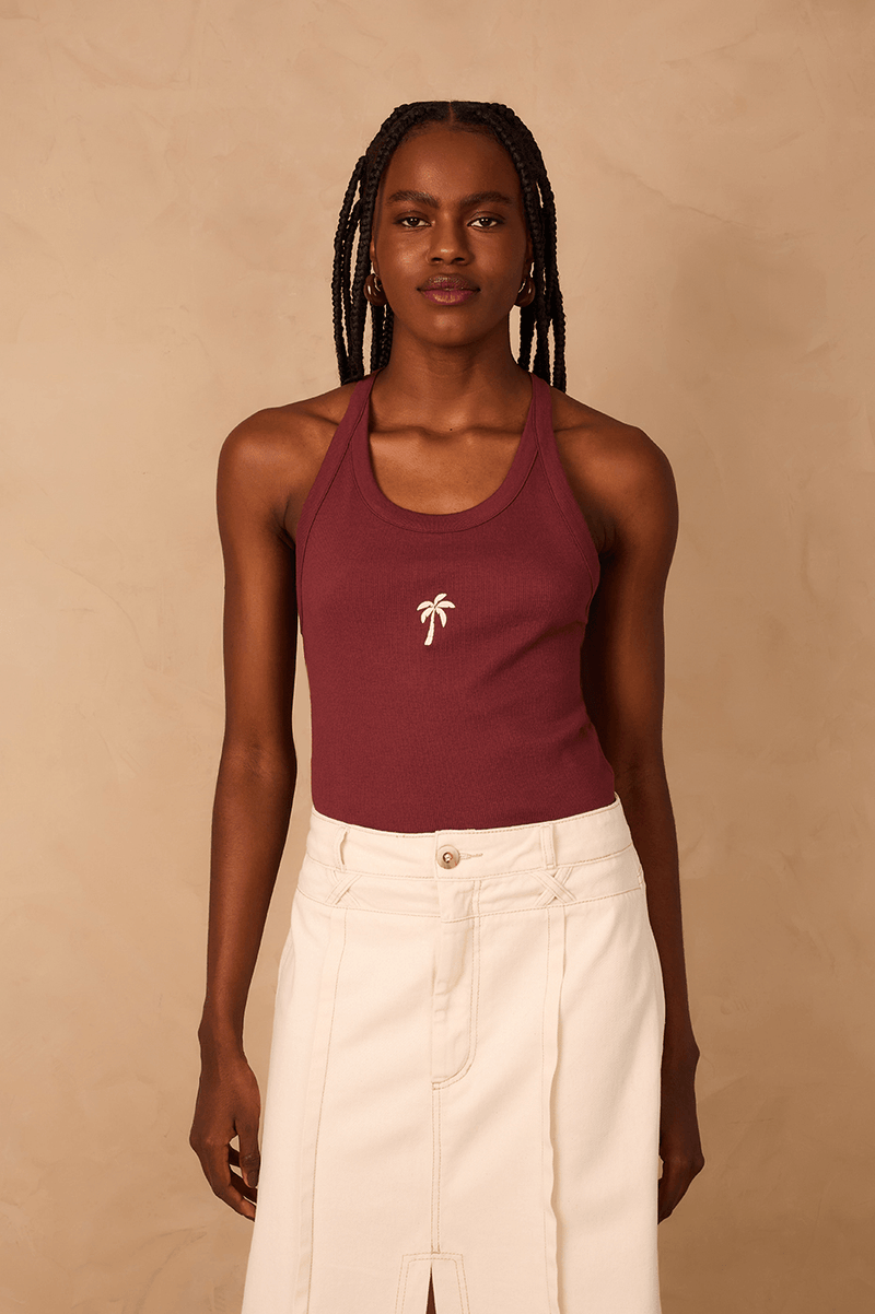 Brown Caffeine Embroidered Coconut Tree Ribbed Tank Top_1
