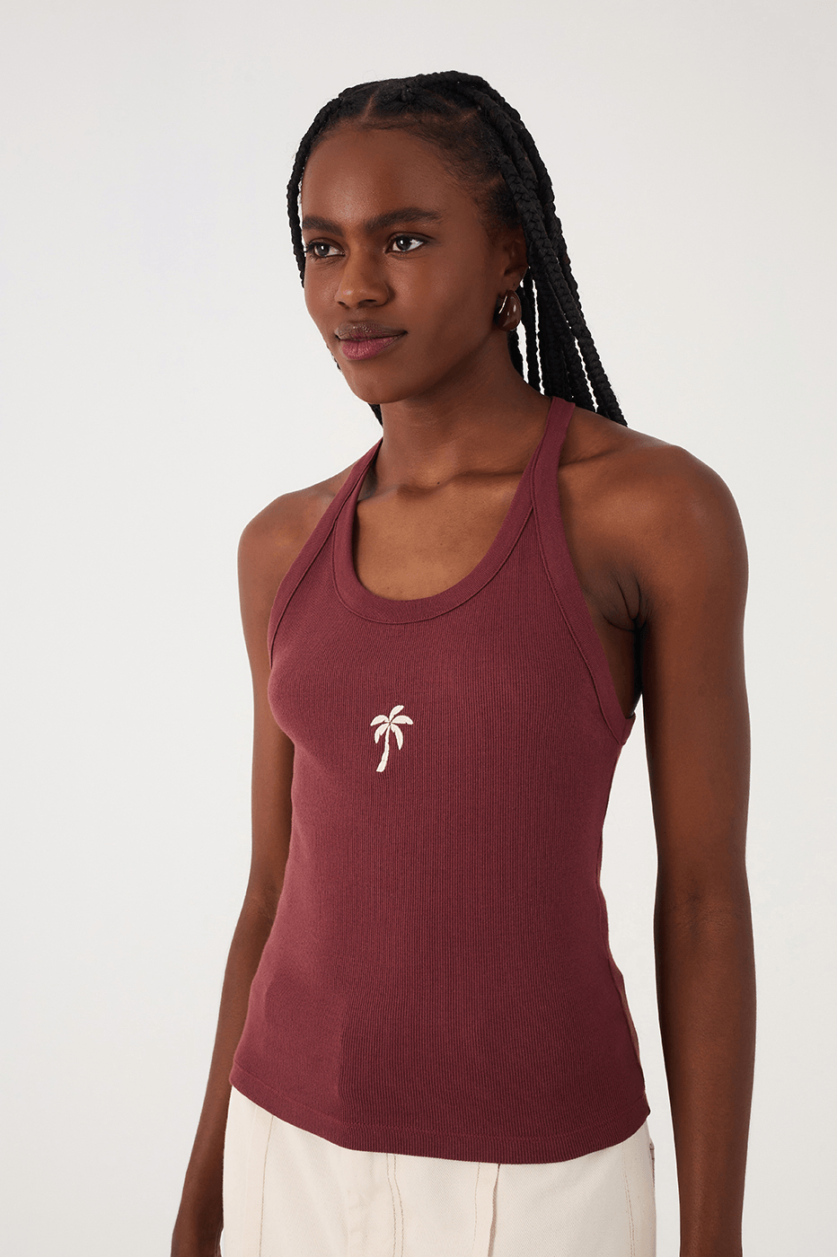 Brown Caffeine Embroidered Coconut Tree Ribbed Tank Top