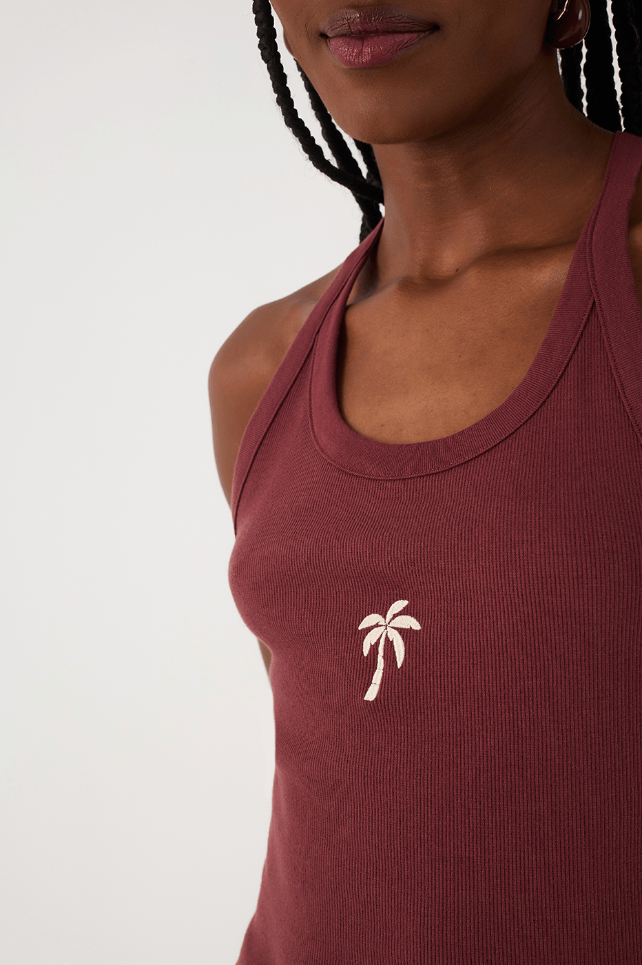 Brown Caffeine Embroidered Coconut Tree Ribbed Tank Top