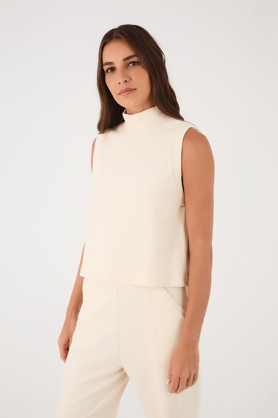 Off-White High Neck Sleeveless Boucle Blouse