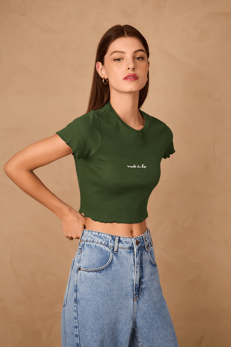 Green Made In Rio Embroidered Short Sleeve Crop Top