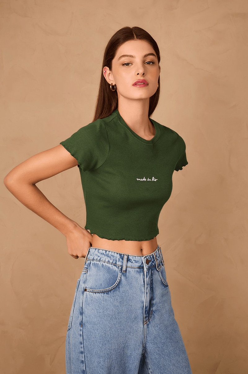 Green Made In Rio Embroidered Short Sleeve Crop Top_1