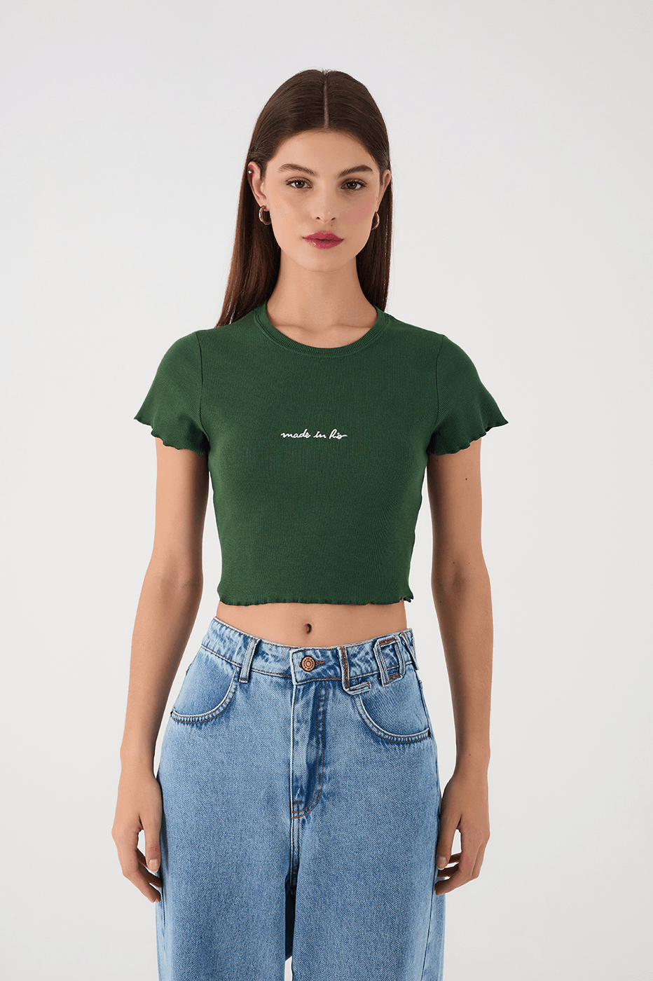 Green Made In Rio Embroidered Short Sleeve Crop Top
