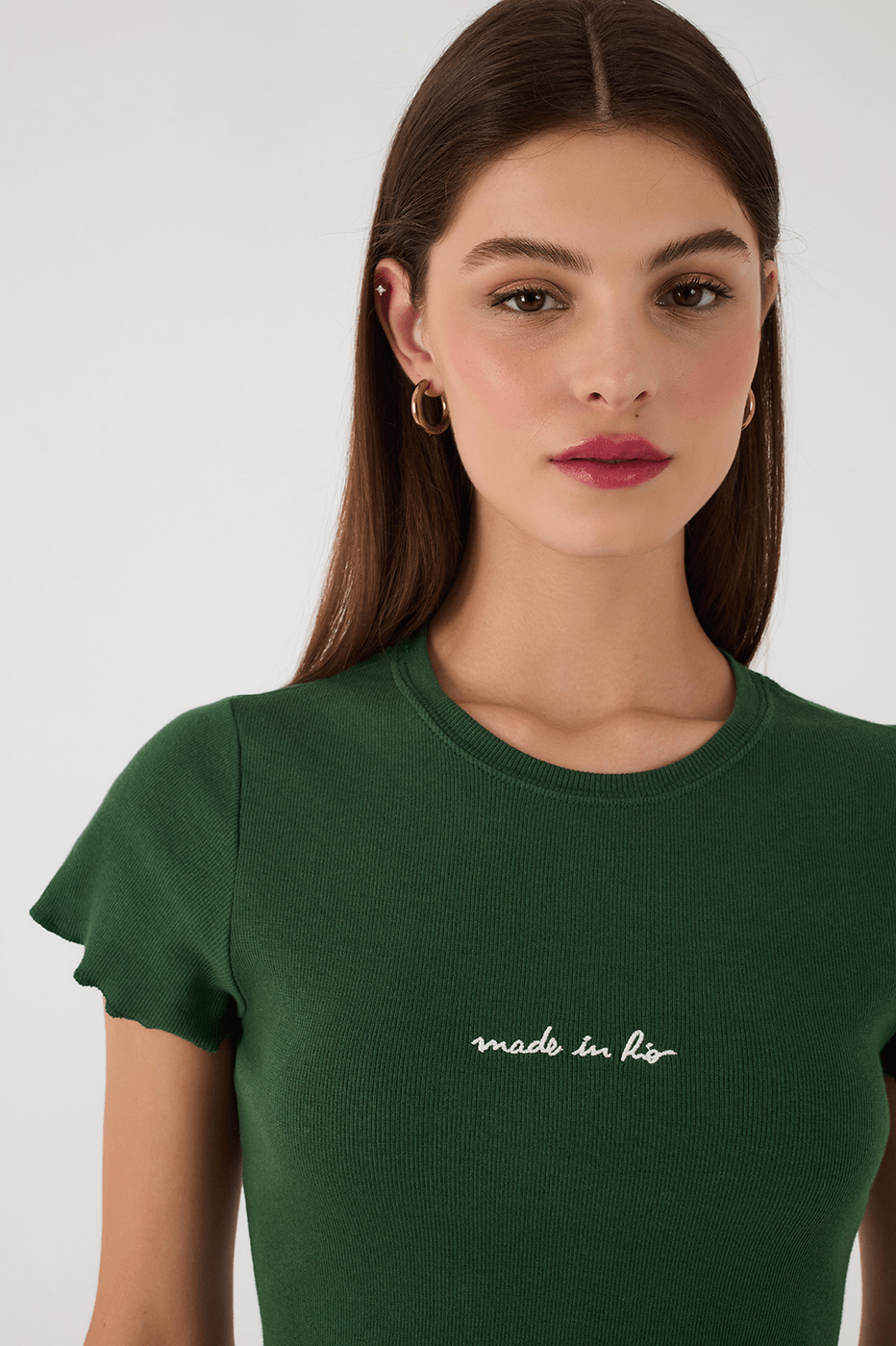 Green Made In Rio Embroidered Short Sleeve Crop Top