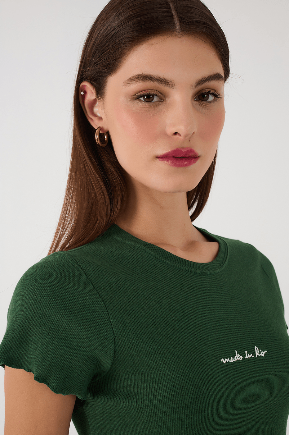 Green Made In Rio Embroidered Short Sleeve Crop Top