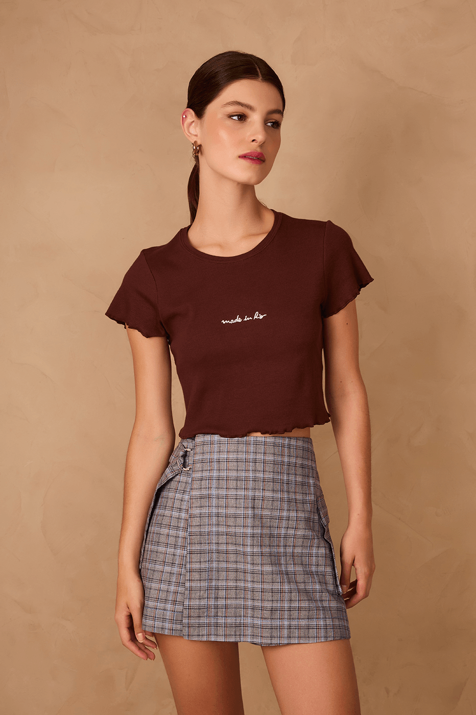 Brown Caffeine Made In Rio Embroidered Short Sleeve Crop Top