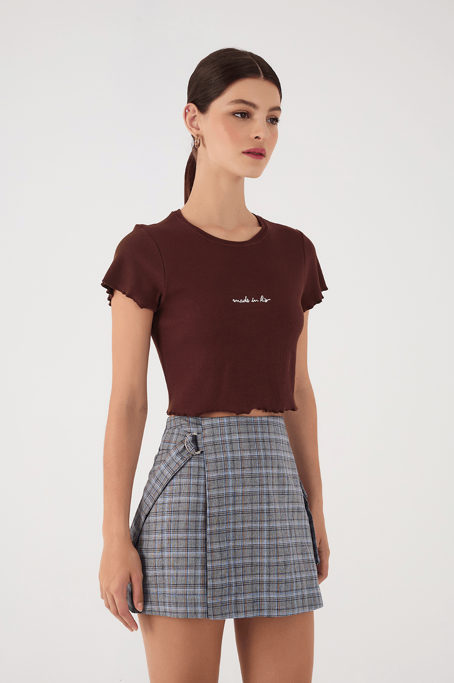 Brown Caffeine Made In Rio Embroidered Short Sleeve Crop Top