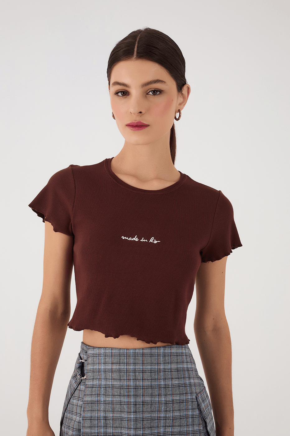 Brown Caffeine Made In Rio Embroidered Short Sleeve Crop Top