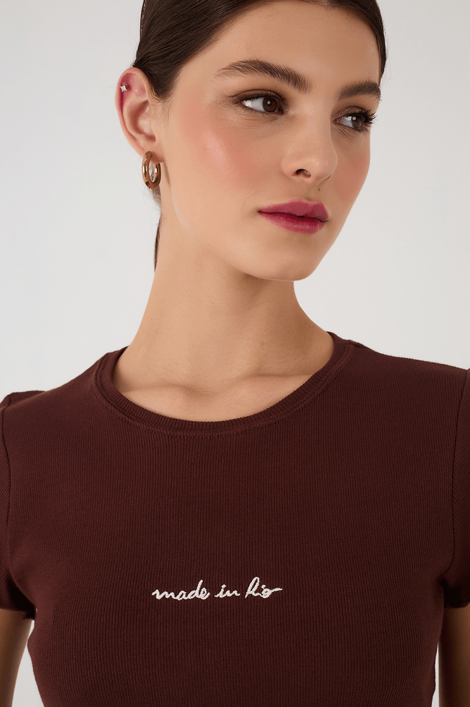 Brown Caffeine Made In Rio Embroidered Short Sleeve Crop Top