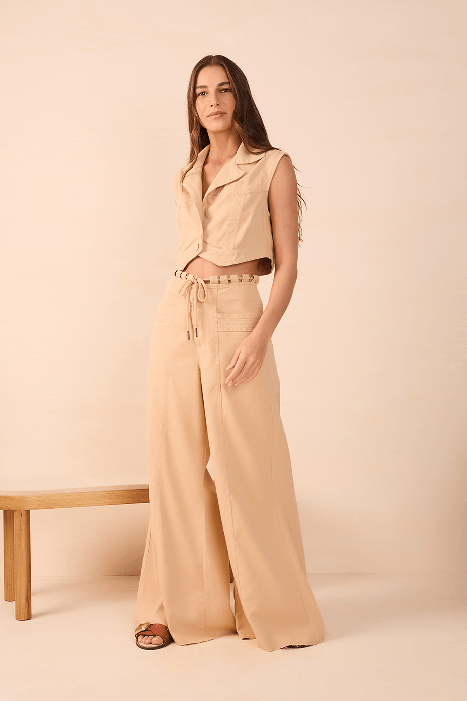 Beige Twill Drawstring Pants