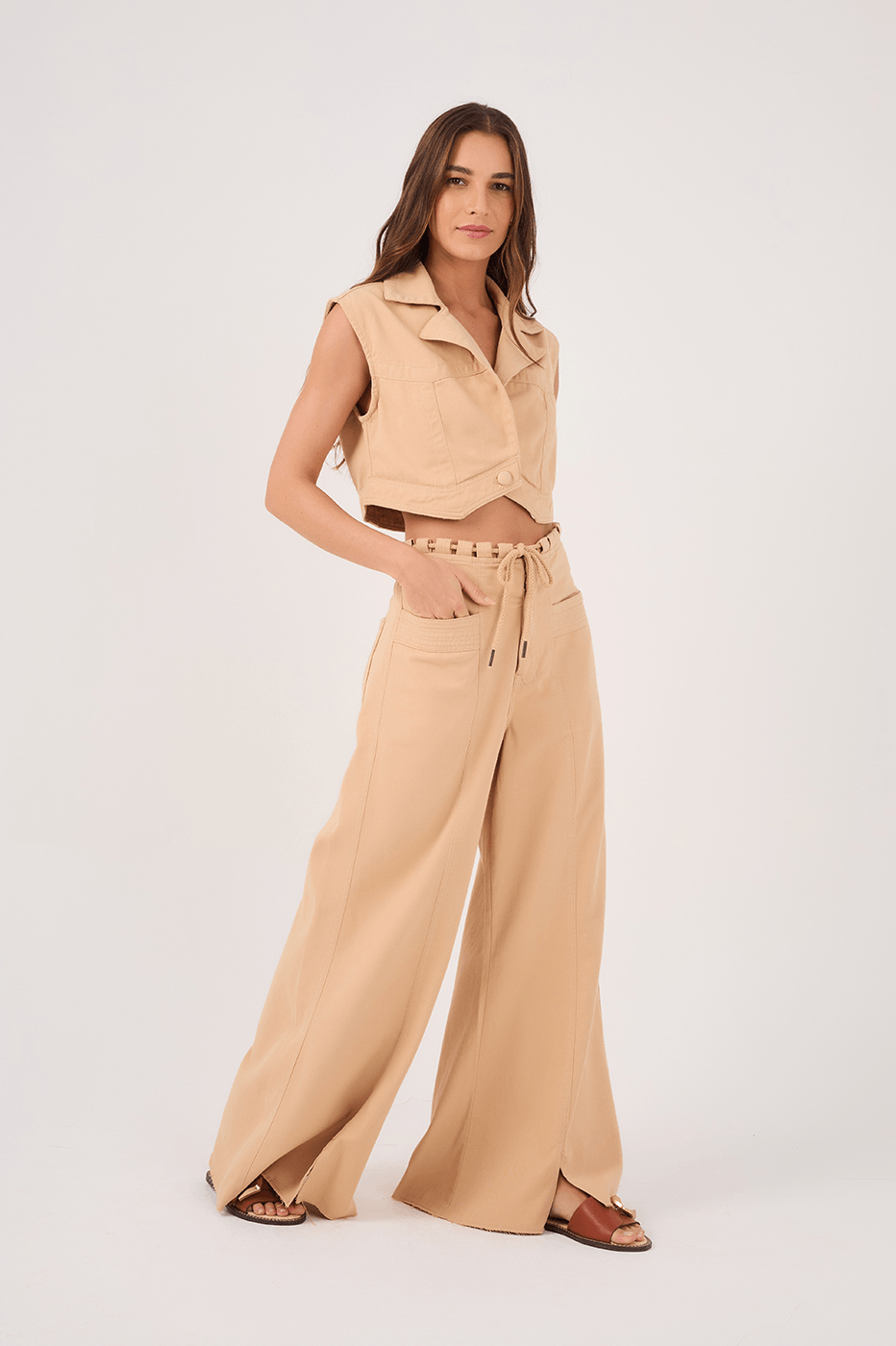 Beige Twill Drawstring Pants