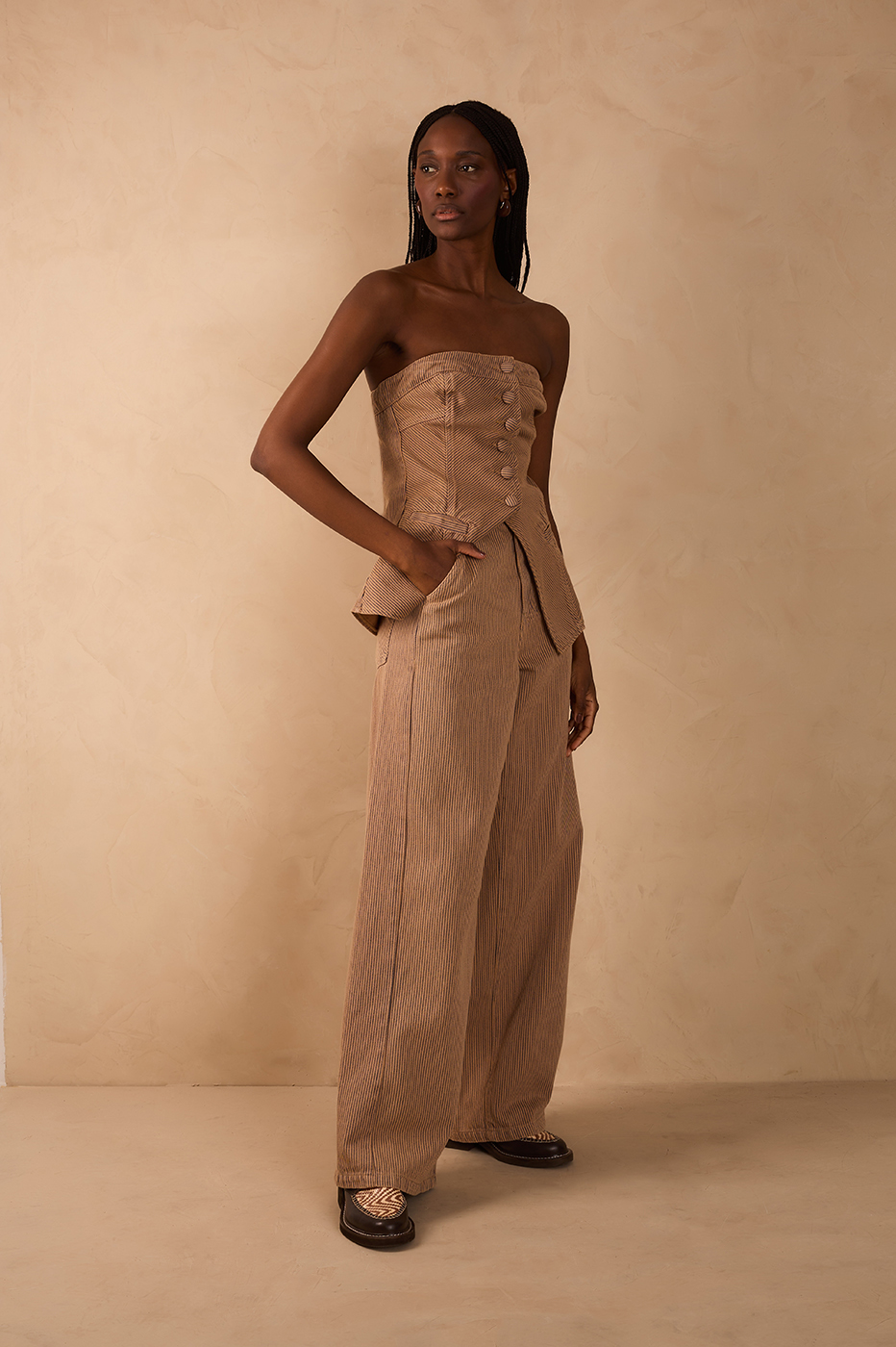 Beige Stripes Pockets Wide-Leg Twill Pants