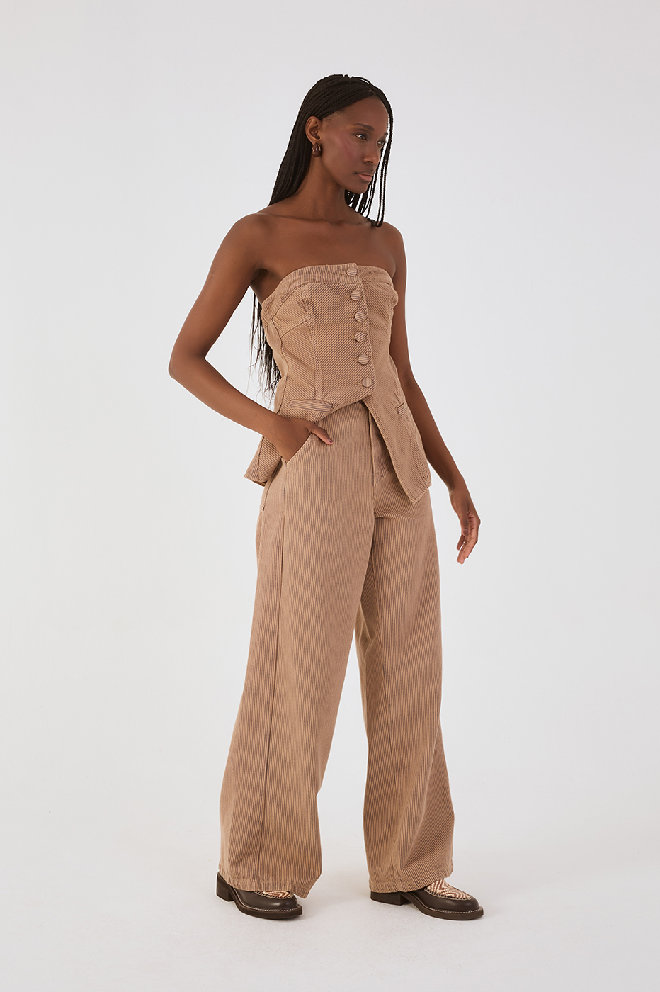 Beige Stripes Pockets Wide-Leg Twill Pants
