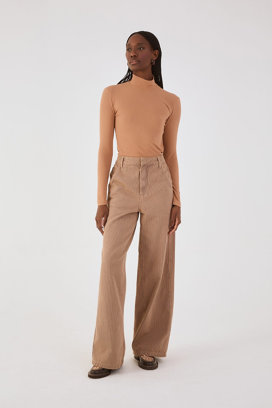 Beige Stripes Pockets Wide-Leg Twill Pants