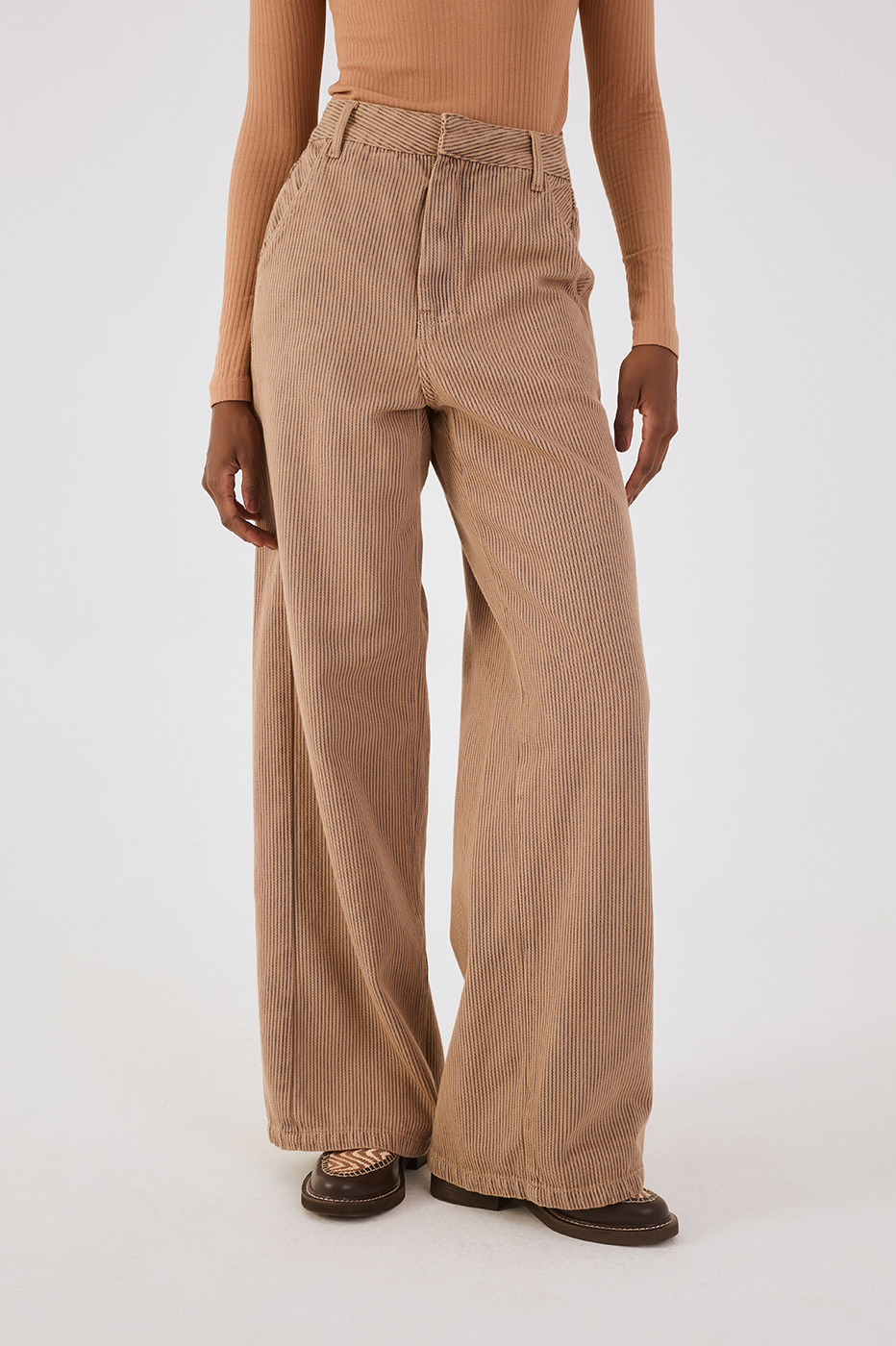 Beige Stripes Pockets Wide-Leg Twill Pants