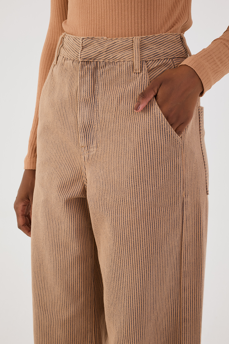 Beige Stripes Pockets Wide-Leg Twill Pants