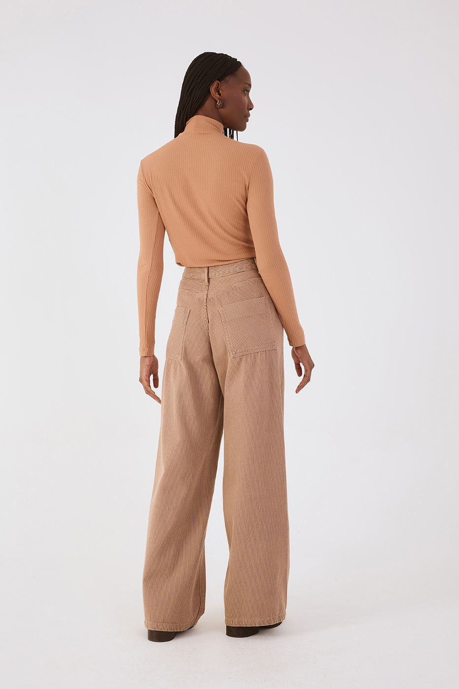 Beige Stripes Pockets Wide-Leg Twill Pants