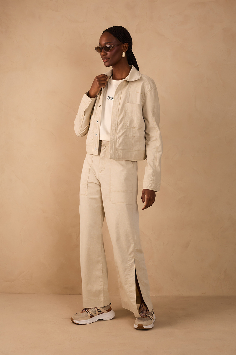 Beige Sand Front Slit Pockets Twill Pants_1