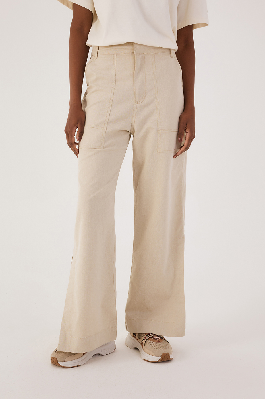 Beige Sand Front Slit Pockets Twill Pants