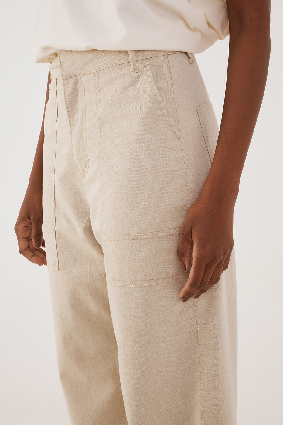 Beige Sand Front Slit Pockets Twill Pants