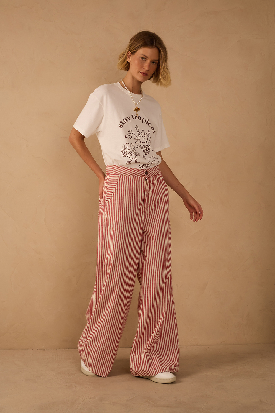 Red Stripes Pockets Wide-Leg Twill Pants_1